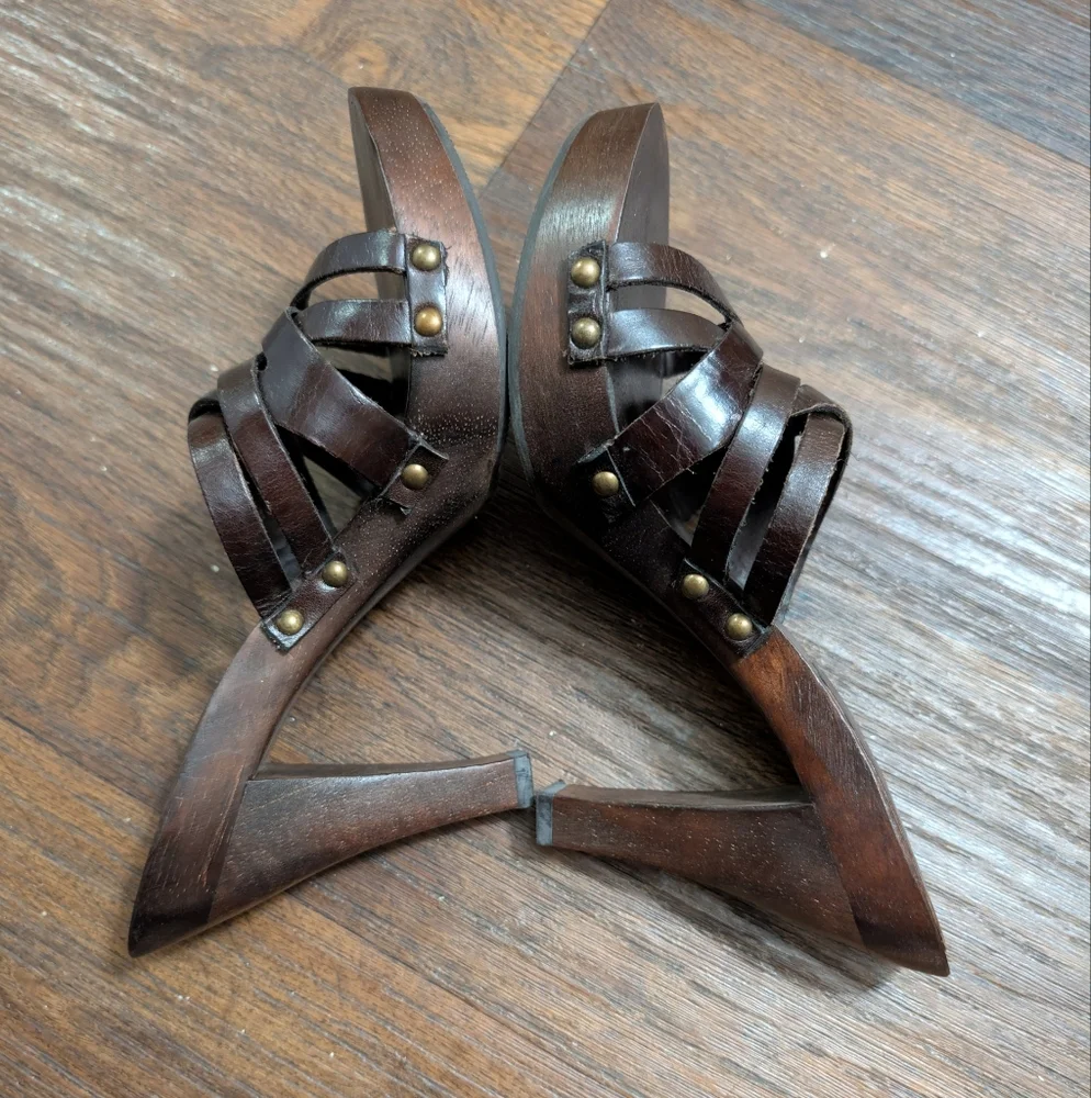 Vintage Mia Wooden Leather Dark Chocolate Brown Clog Heel 7 - Picture 5 of 8